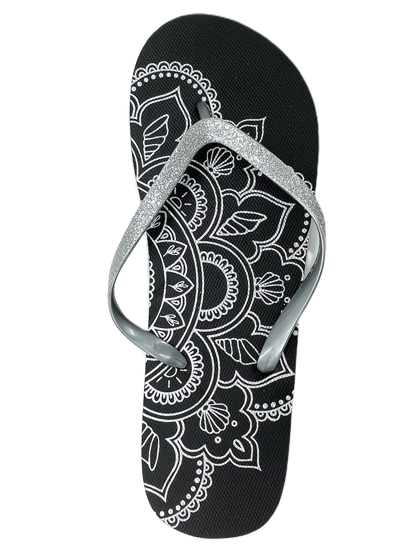 Ladies Flip Flops Glittery Strap Metallic Mandala Print Summer Beach Sandals