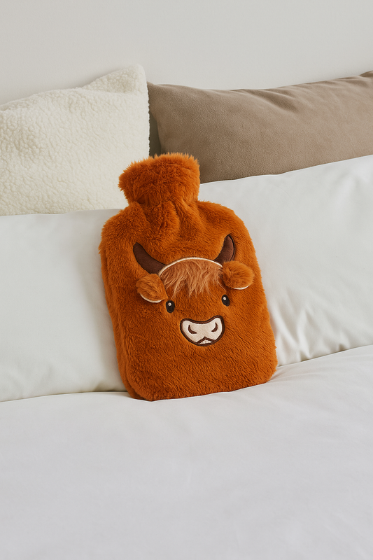 Highland Cow 2L Hot Water Bottle – Soft Plush Cover, Cute Cow Design, Reusable Rubber Bottle, Warm Comfort for Aches, Pains & Cold Nights, Cosy Winter Gift
