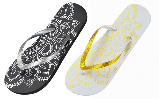 Ladies Flip Flops Glittery Strap Metallic Mandala Print Summer Beach Sandals
