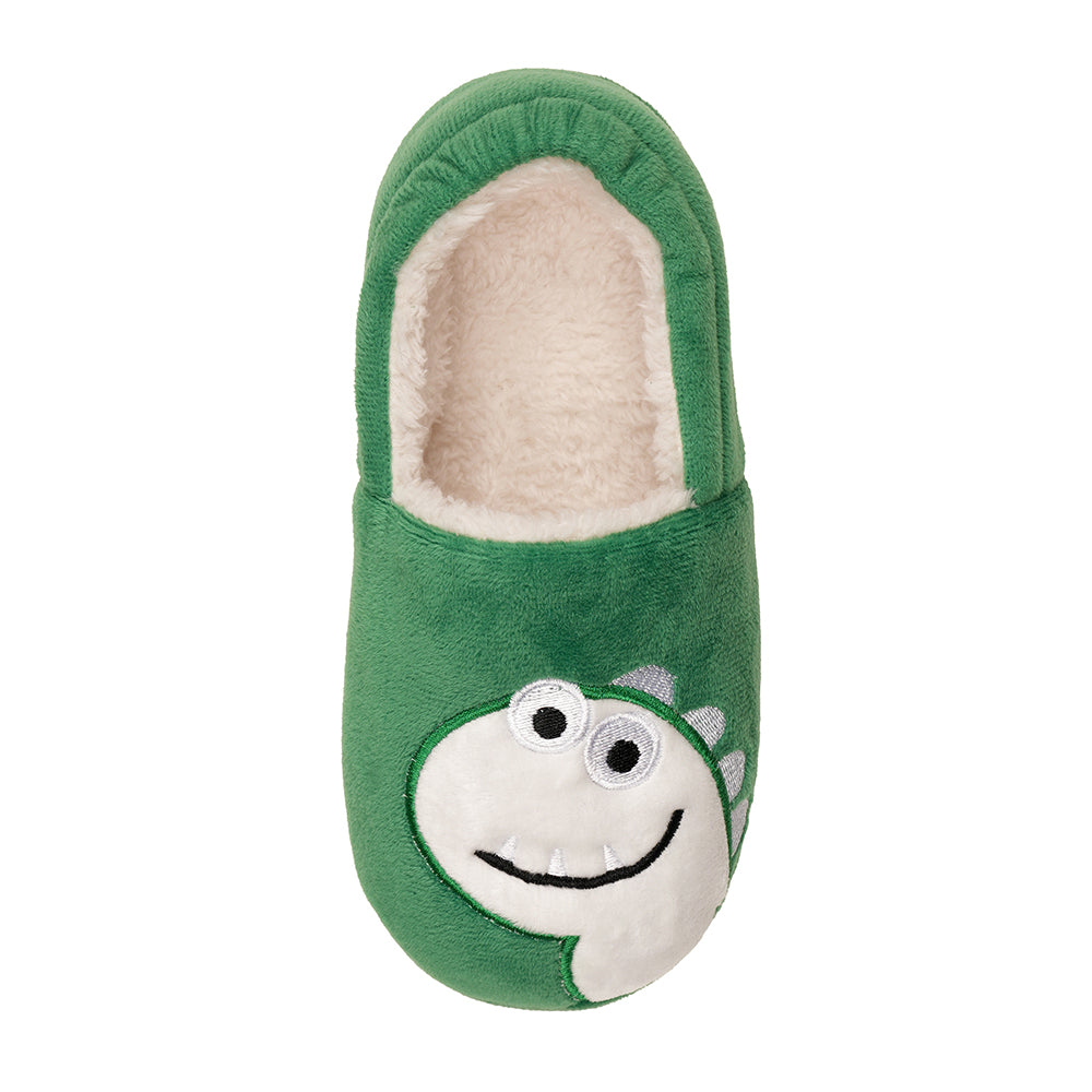 Boys Dinosaur Slippers – Green Plush Indoor Slippers with Soft Lining