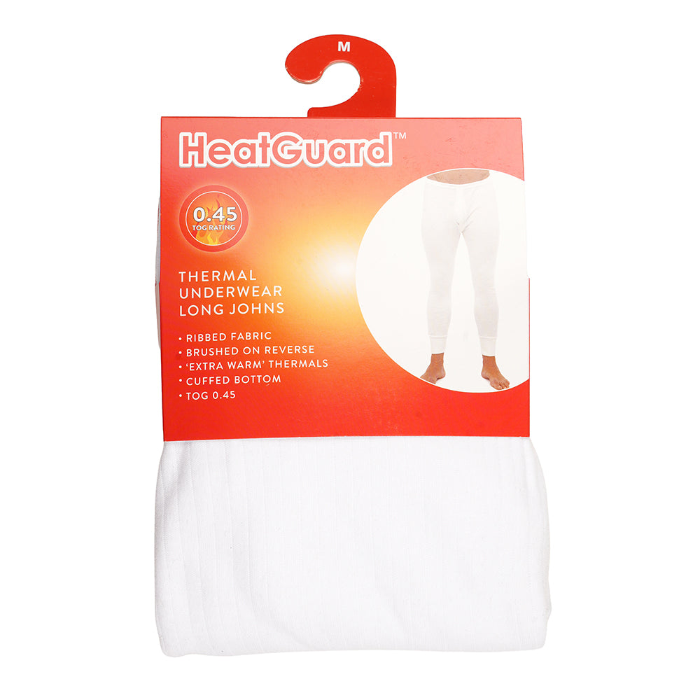 Mens Thermal Long Johns Underwear Base Layer Ribbed Brushed Cotton Blend White