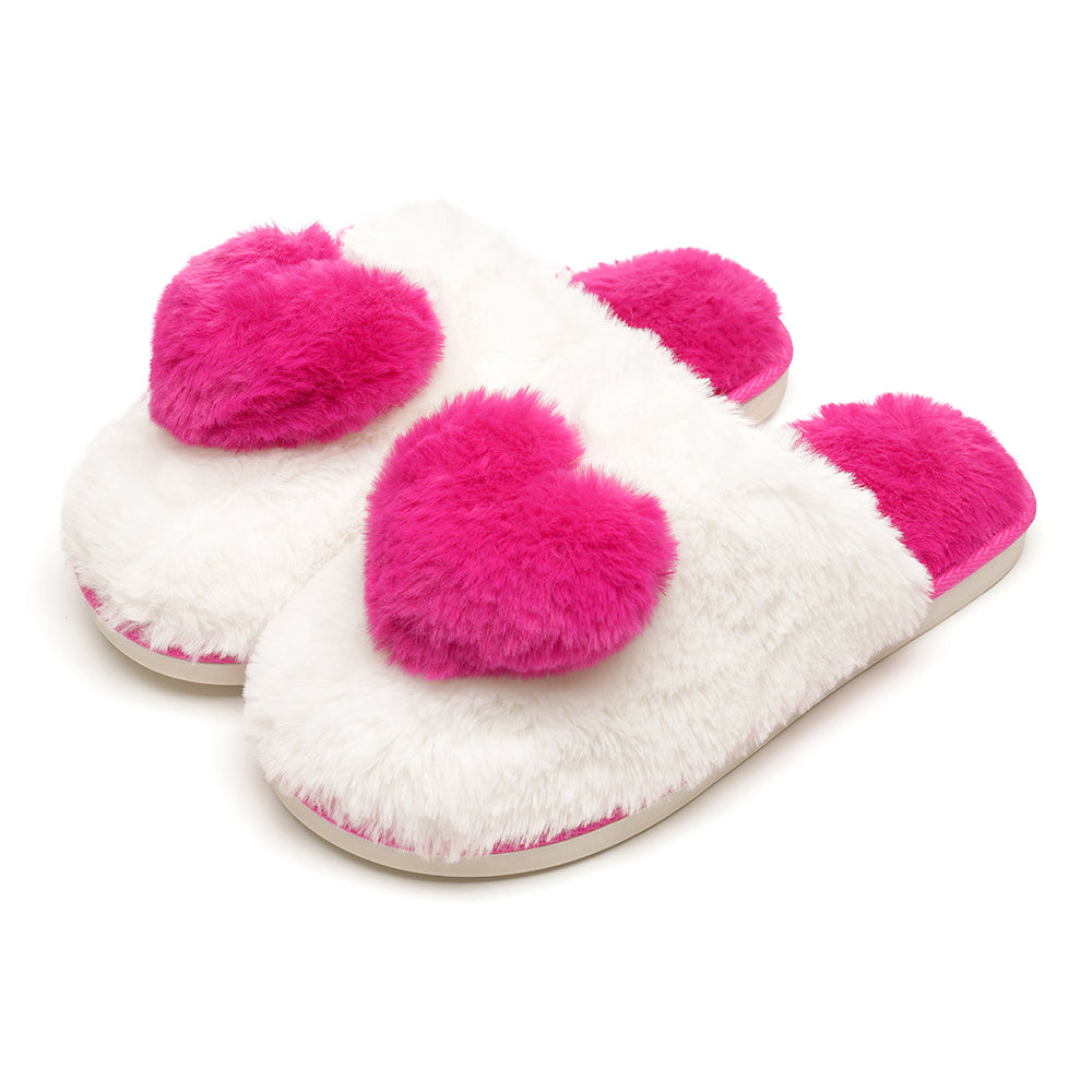 Women’s Faux Fur Heart Mule Slippers Fleece Lined Non Slip Sole Cosy Gift