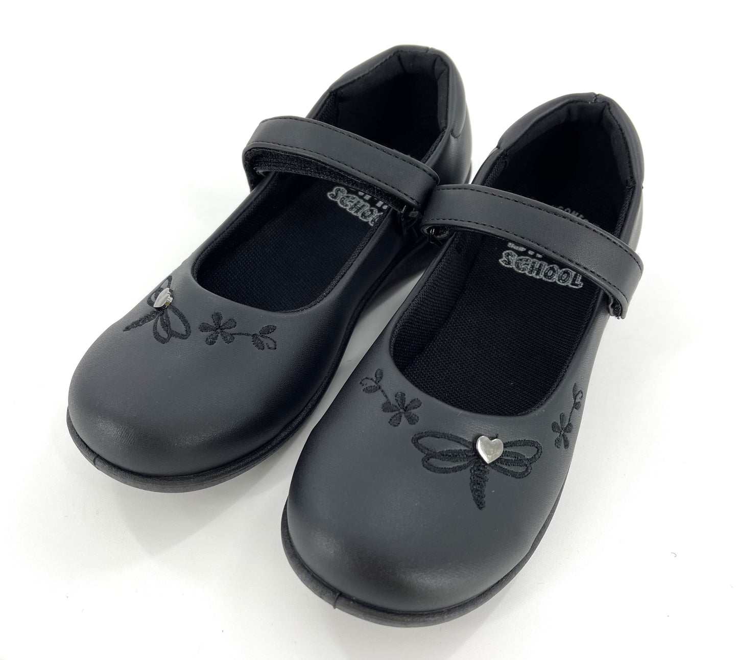 Girls Easy Fastening School Uniform Mary Jane Flat Black Shoes with Embroidery