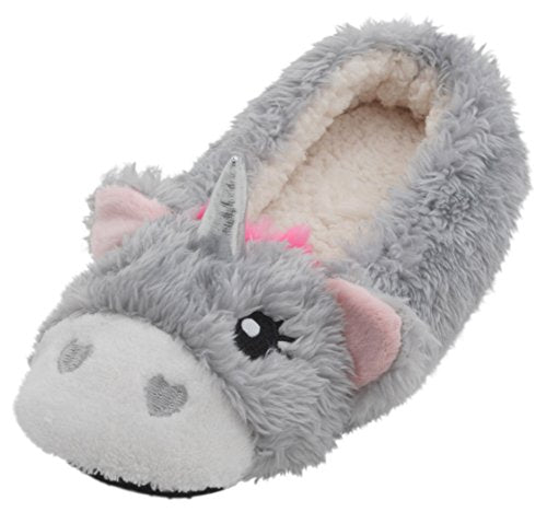 Grey 3D Unicorn Sherpa Lined Ballet Slippers.