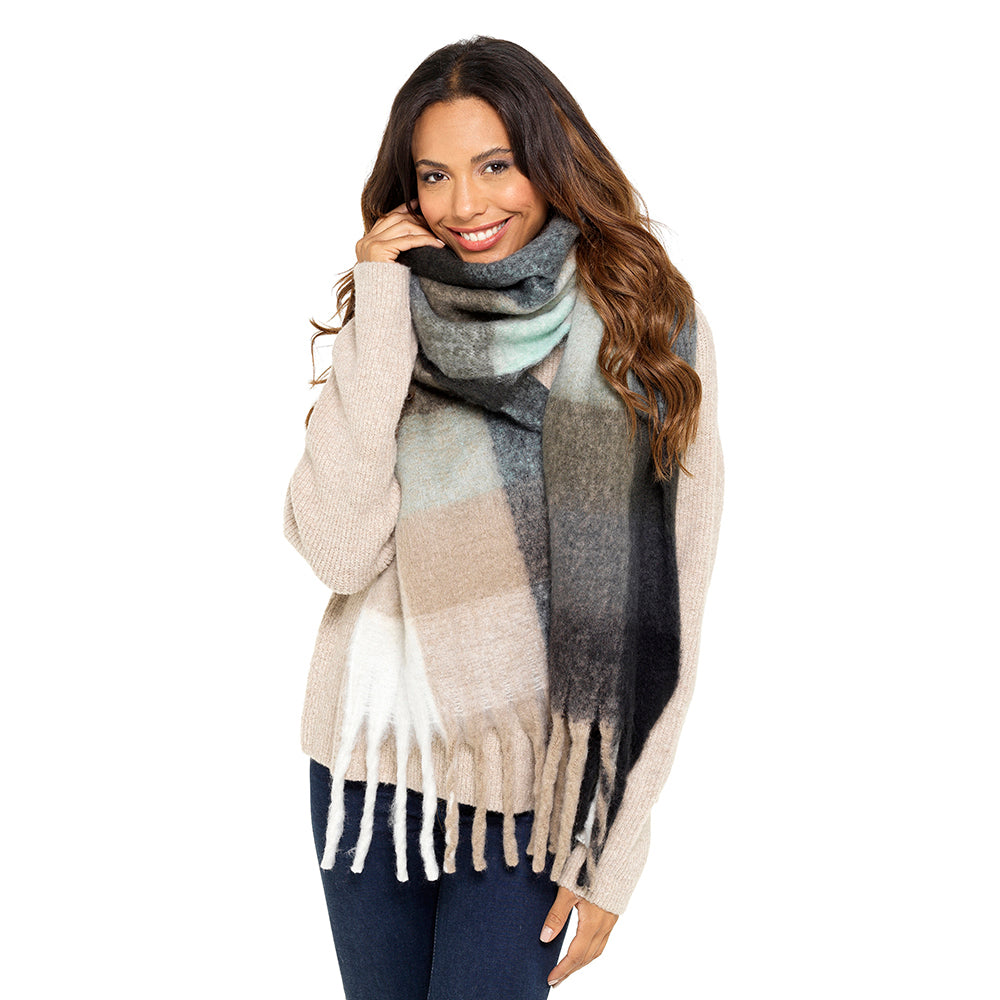 Ladies Supersoft Checked Blanket Scarf with Tassels