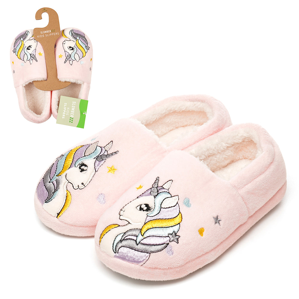 Girls Unicorn Slippers Plush Faux Fur Lined Cosy Non Slip Gift Kids Pink
