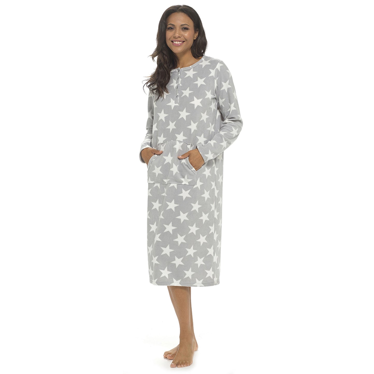 Ladies Fleece Nightie Longer Length Warm Nightdress Lounger with Kangaroo Pocket