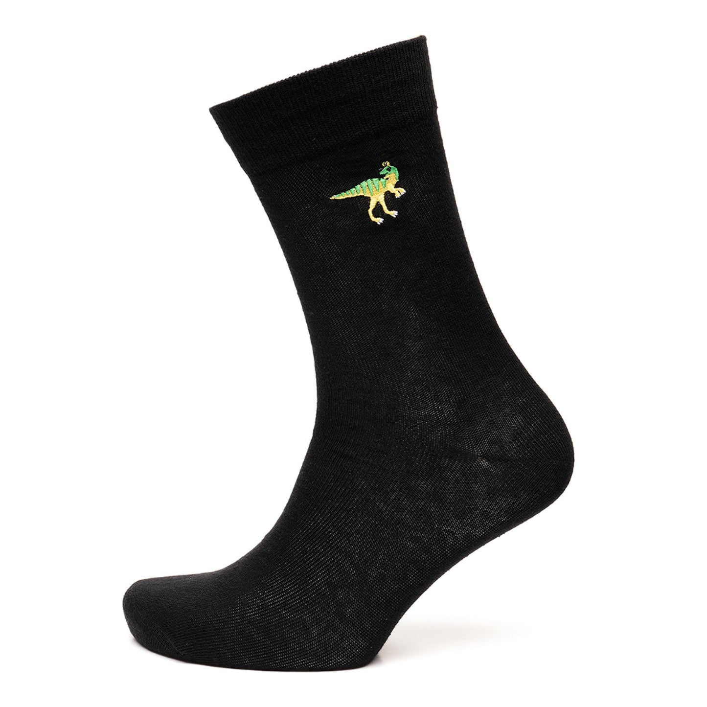 5 Prs Mens Black Cotton Rich Calf Length Socks with Embroidery - Dinosaur or Football