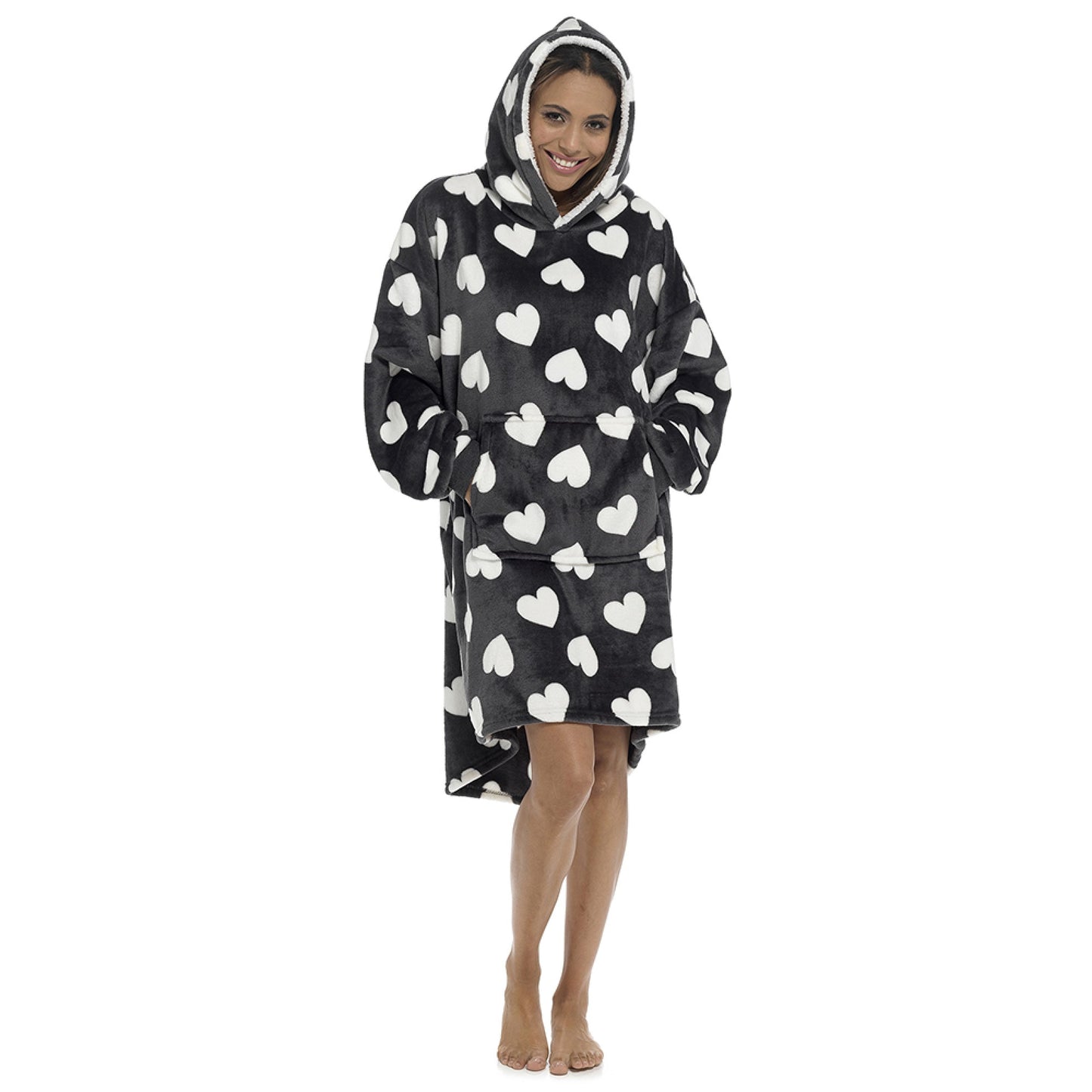 Ladies Oversized Fleece Hoodie One Size Women’s Extra Long Heart Print Soft Snuggly Fleece Wearable Blanket Robe – Charcoal or Pink