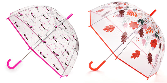 Ladies Transparent Dome Stick Umbrella - Pink/Black Sausage Dog or Red Leaves