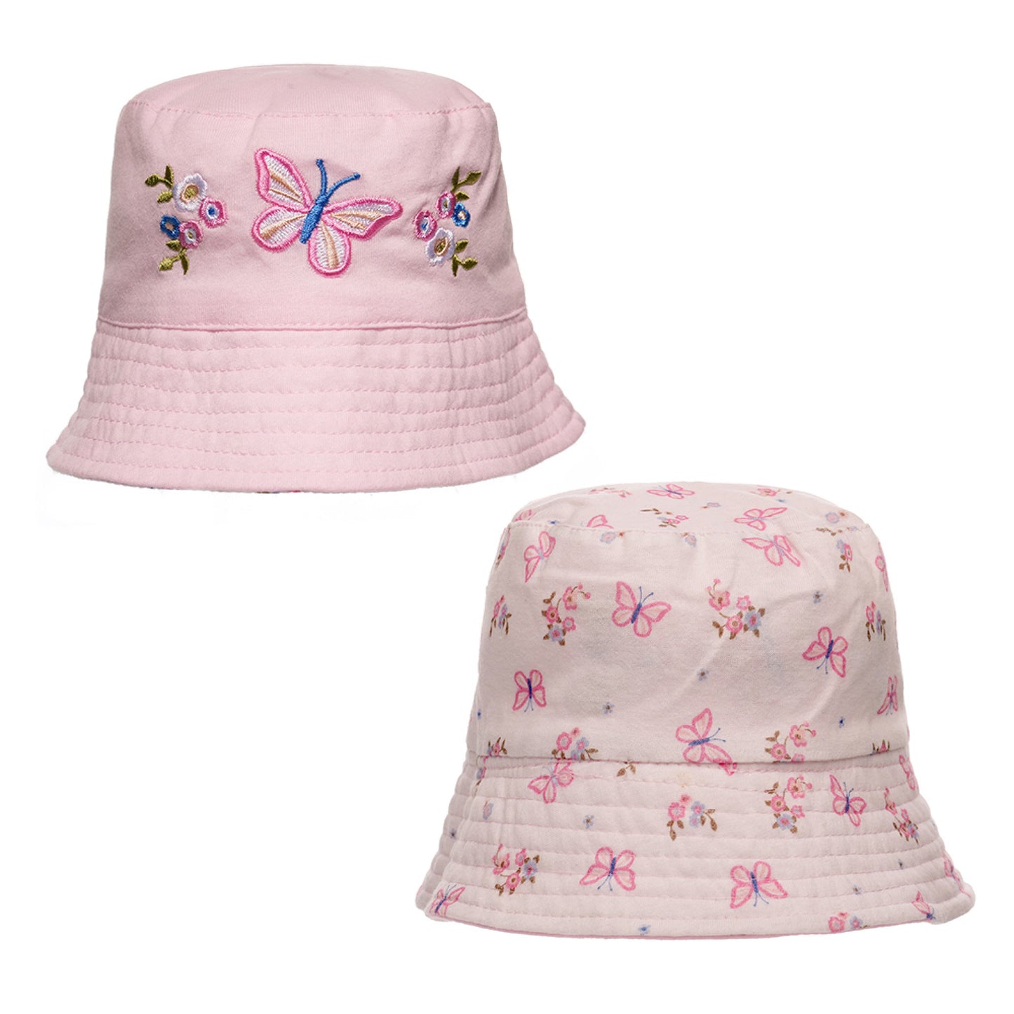 Baby Girls Butterfly Pattern Embroidered Reversible Pink Bucket Hat Sun Hat