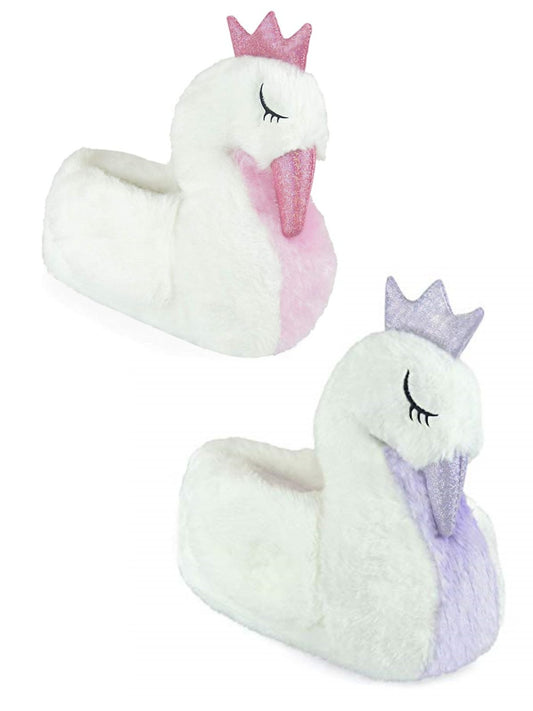 Girls' Plush 3D Swan Slippers – Soft Faux Fur – Sparkly Crown & Beak – Non-Slip Indoor Shoes – Pink or Lilac – UK Child Sizes 9-10, 11-12, 13-1 & UK Size 2-3