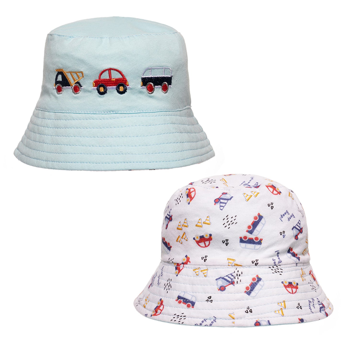 Baby Boys Car Patterned Embroidered Reversible Blue and White Bucket Hat Sun Hat