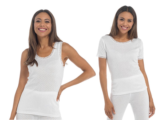 2 Pack Ladies Thermal Tops White Pointelle 0.75 TOG Knitted Vests or T-Shirts