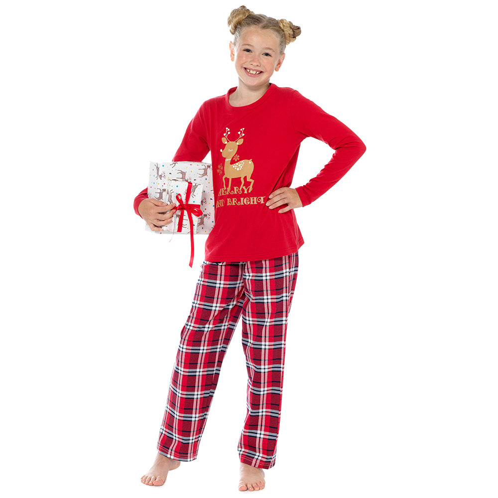 Girls Christmas Pyjamas Kids Rudolph Merry and Bright Red Cotton Jersey PJs
