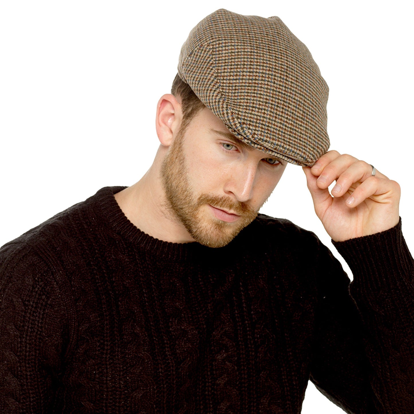 Mens Wool Blend Flat Cap Quilted Lining Winter Hat Brown Checked Grey Sizes M-L