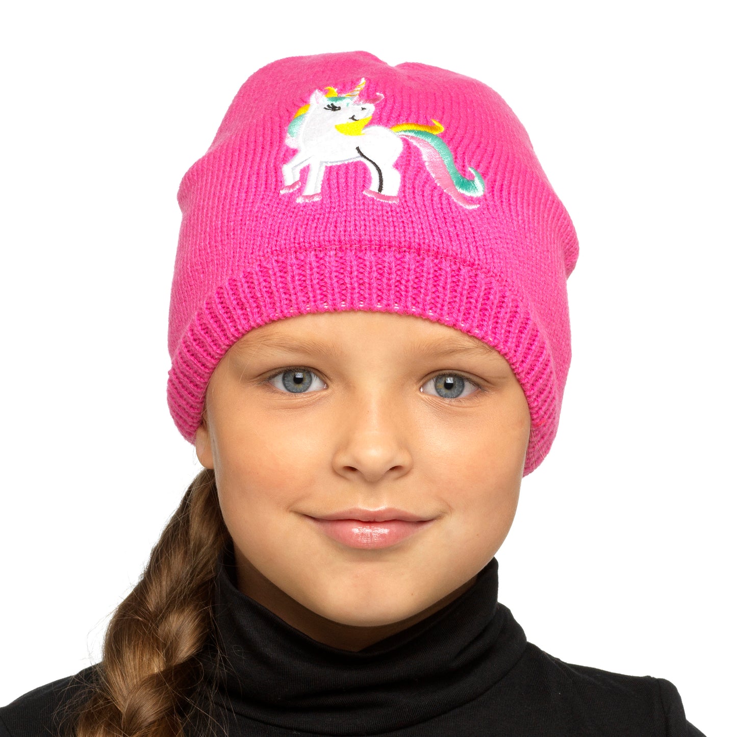 Girls Unicorn Design Pink Knitted Hat and Thermal Gloves Set