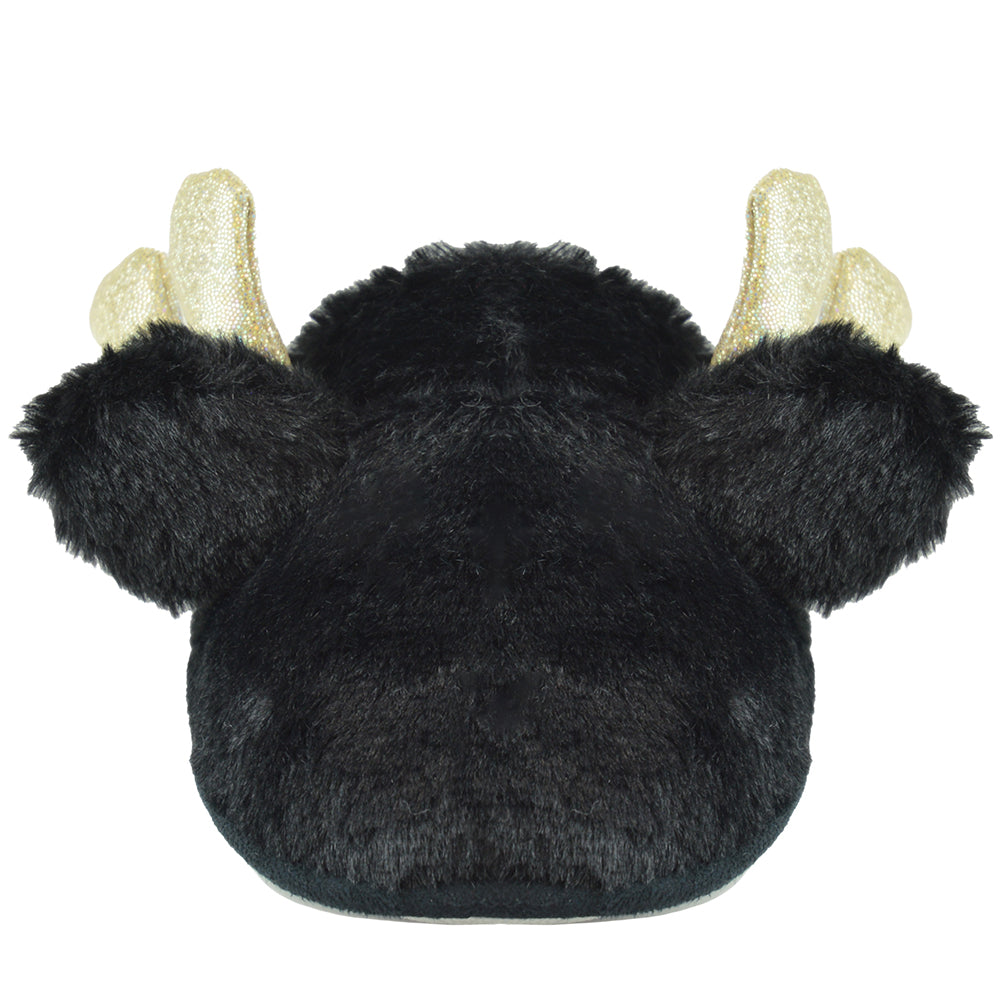 Girls Reindeer Christmas Slippers Black Faux Fur Antlers Ears Non Slip Sizes 9-3