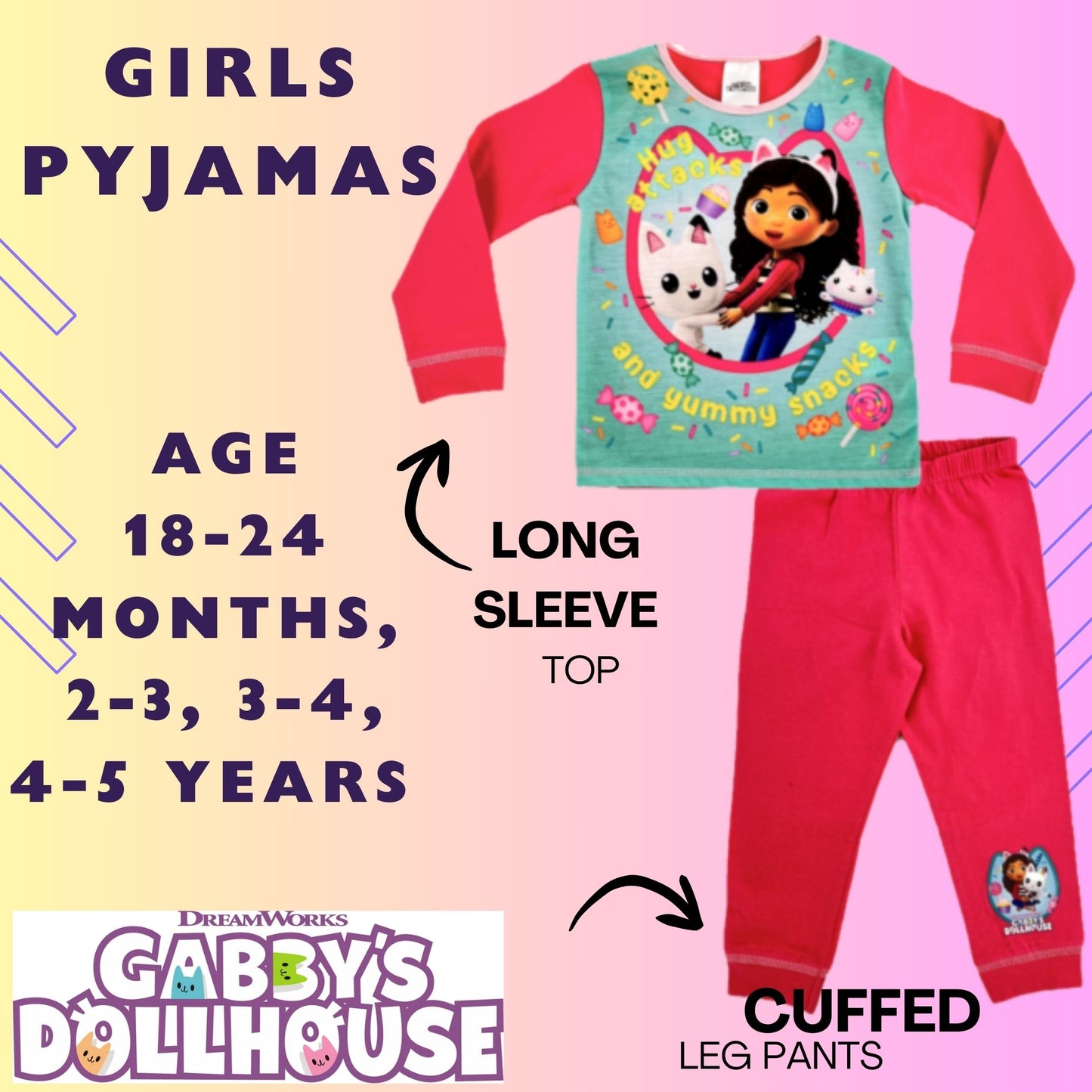 Gabby’s Dollhouse Pyjamas, Girls 18 Months – 5 Years