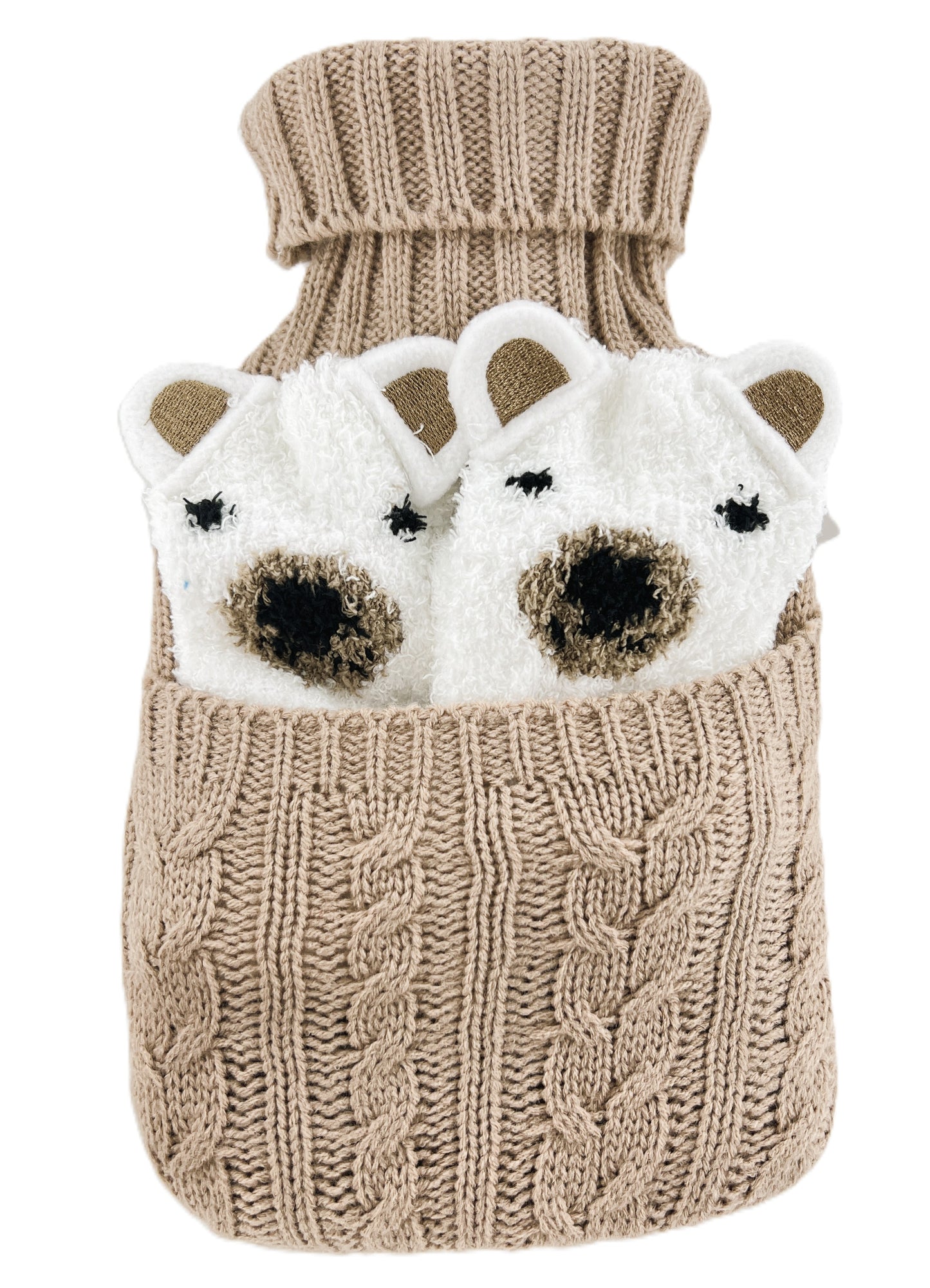 1L Hot Water Bottle with Knitted Cable Cover & Polar Bear Fleece Socks Gift Set – Screw-Top Bottle – Cosy Winter Warmer – Ideal Comfort & Relaxation Gift for Adults & Kids
