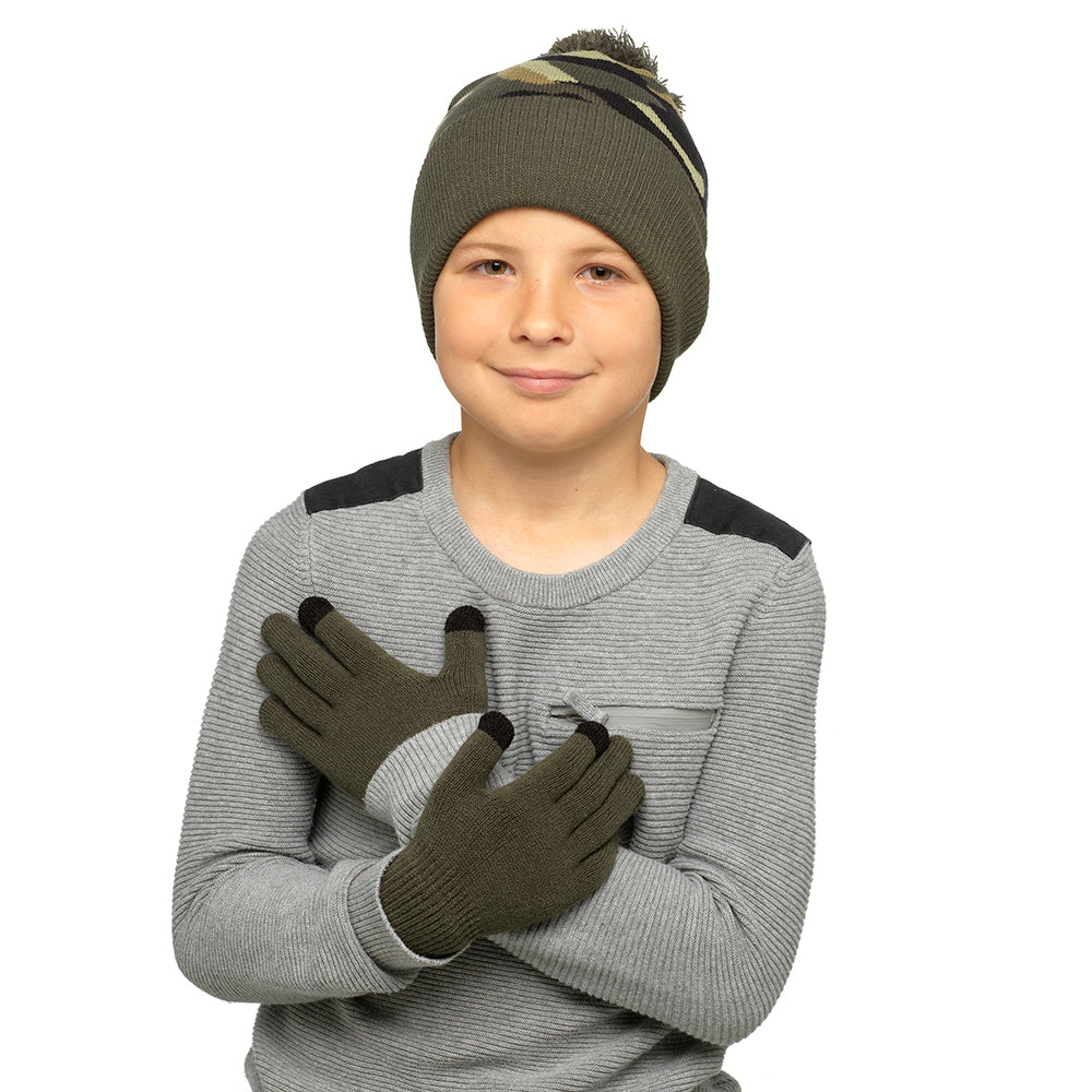 Boys Camo Bobble Hat & Touchscreen Gloves Winter Knit Set 6–12 Years