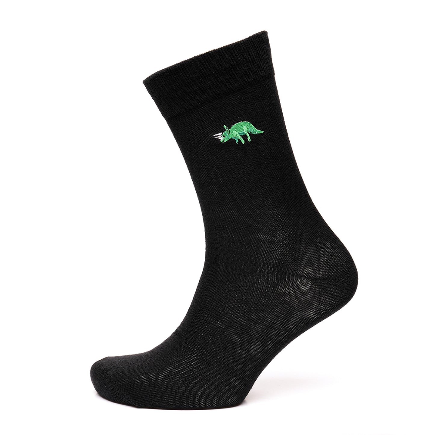 5 Prs Mens Black Cotton Rich Calf Length Socks with Embroidery - Dinosaur or Football