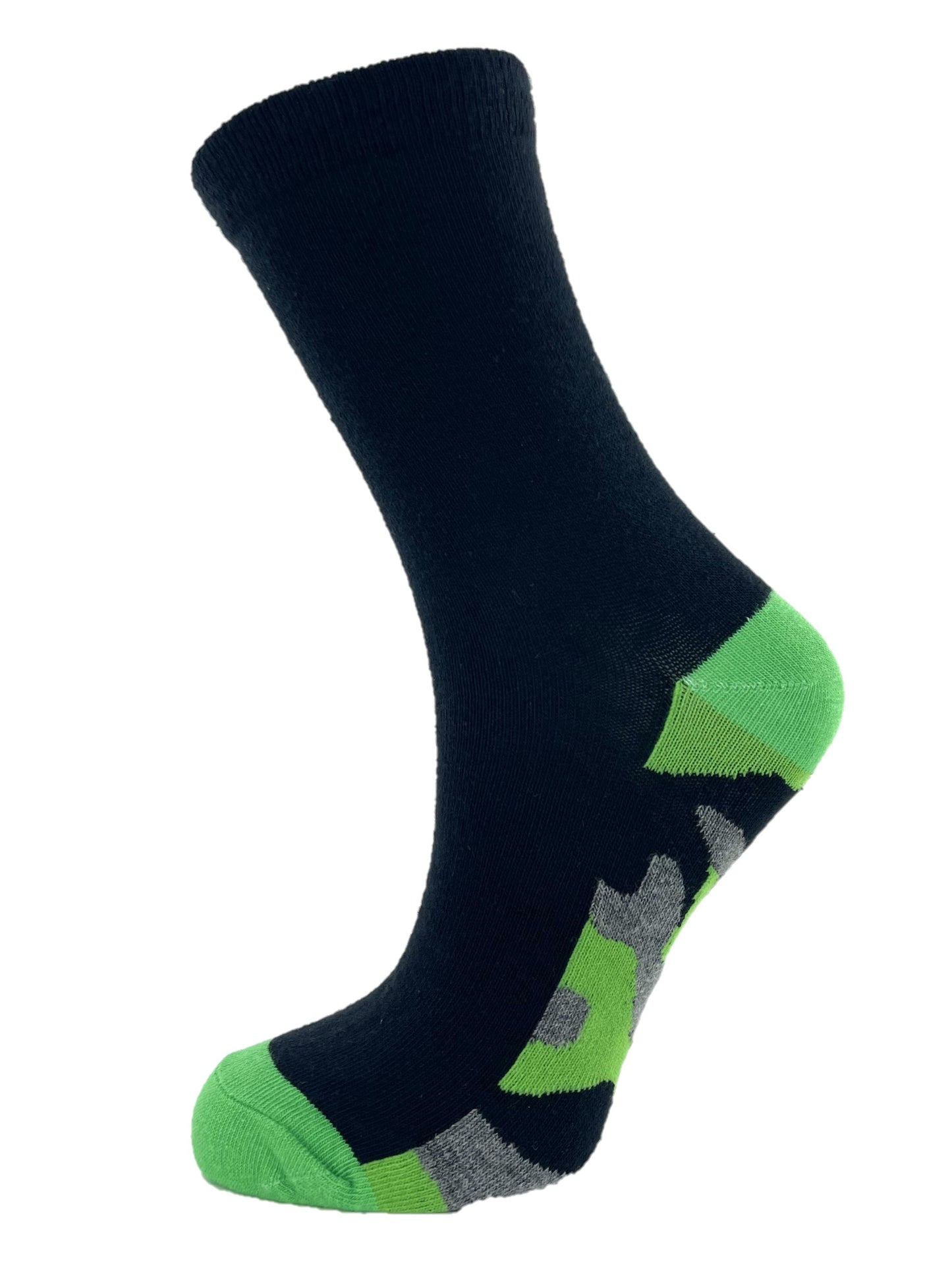 6 Pack Boys Black Socks Cotton Rich Camo Patterned Soles Coloured Heels Toes