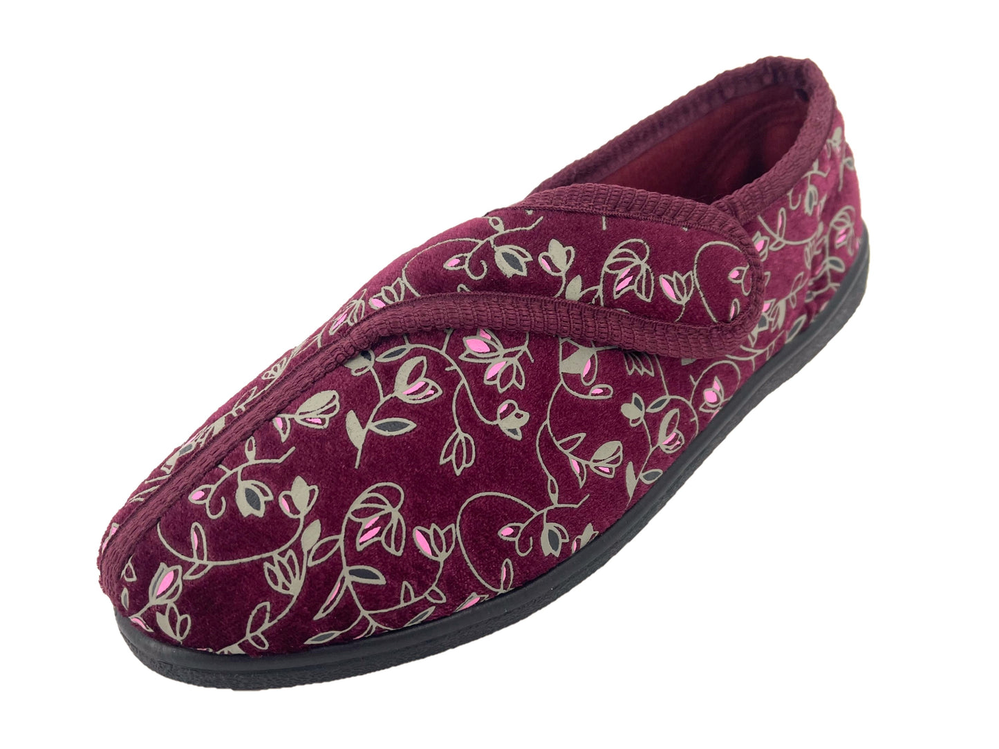 Ladies Easy Access Floral Patterned Velour Touch-and-Close Slippers