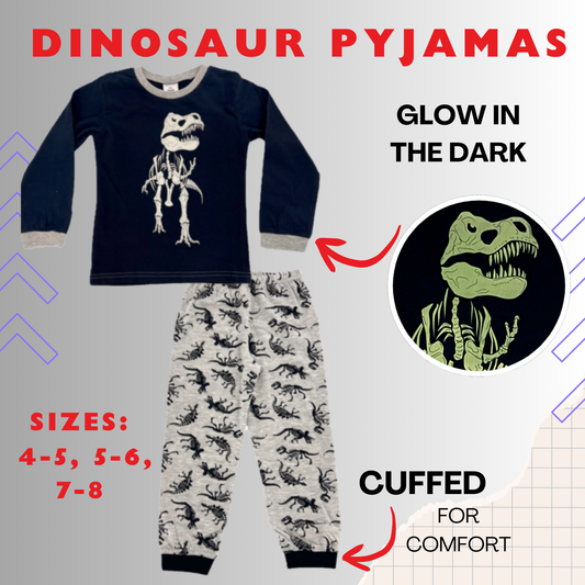Dinosaur Glow in the Dark Pyjamas 4-8 Years, Boys, Girls, PJ