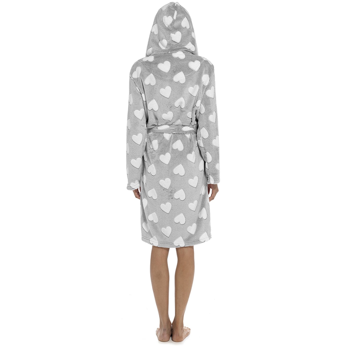 Ladies Hooded Robe – Grey & White Heart Pattern Soft Fluffy Fleece Dressing Gown