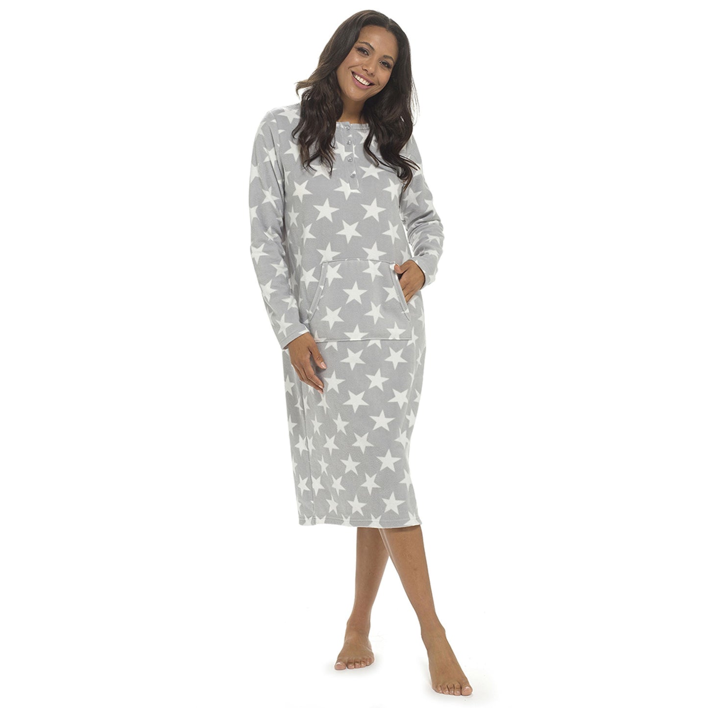 Ladies Fleece Nightie Longer Length Warm Nightdress Lounger with Kangaroo Pocket