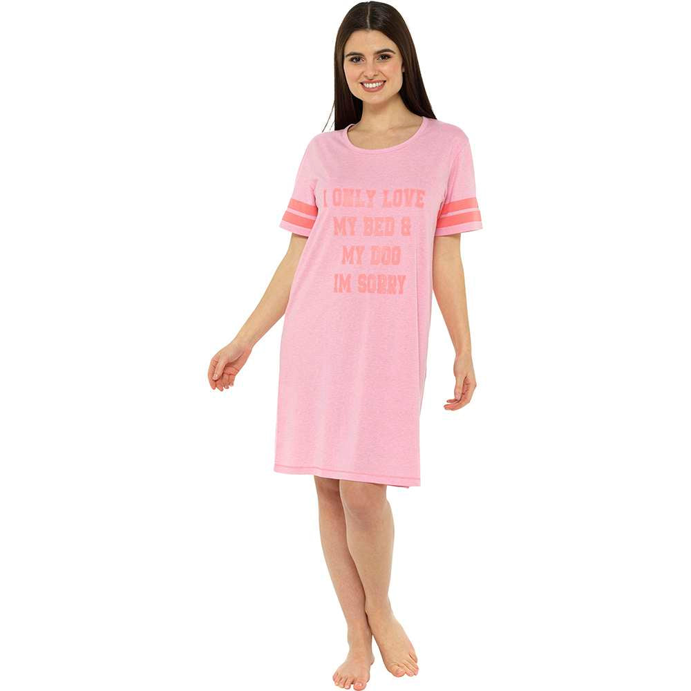 Ladies "I only Love My Bed and My Dog, I’m Sorry" Pink Short Sleeve Varsity Lightweight Nightie