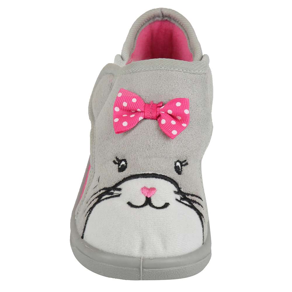 Toddler Girls Pink and Grey Cat Design Easy Close Bootie Slippers