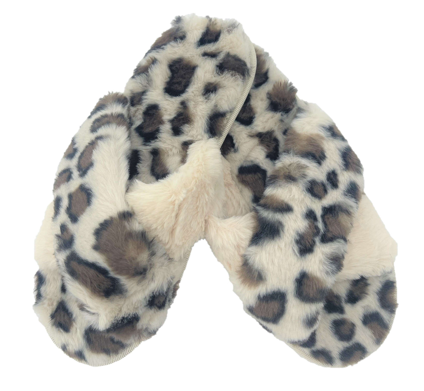 Ladies Leopard Print Faux Fur Crossover Slider Slipper