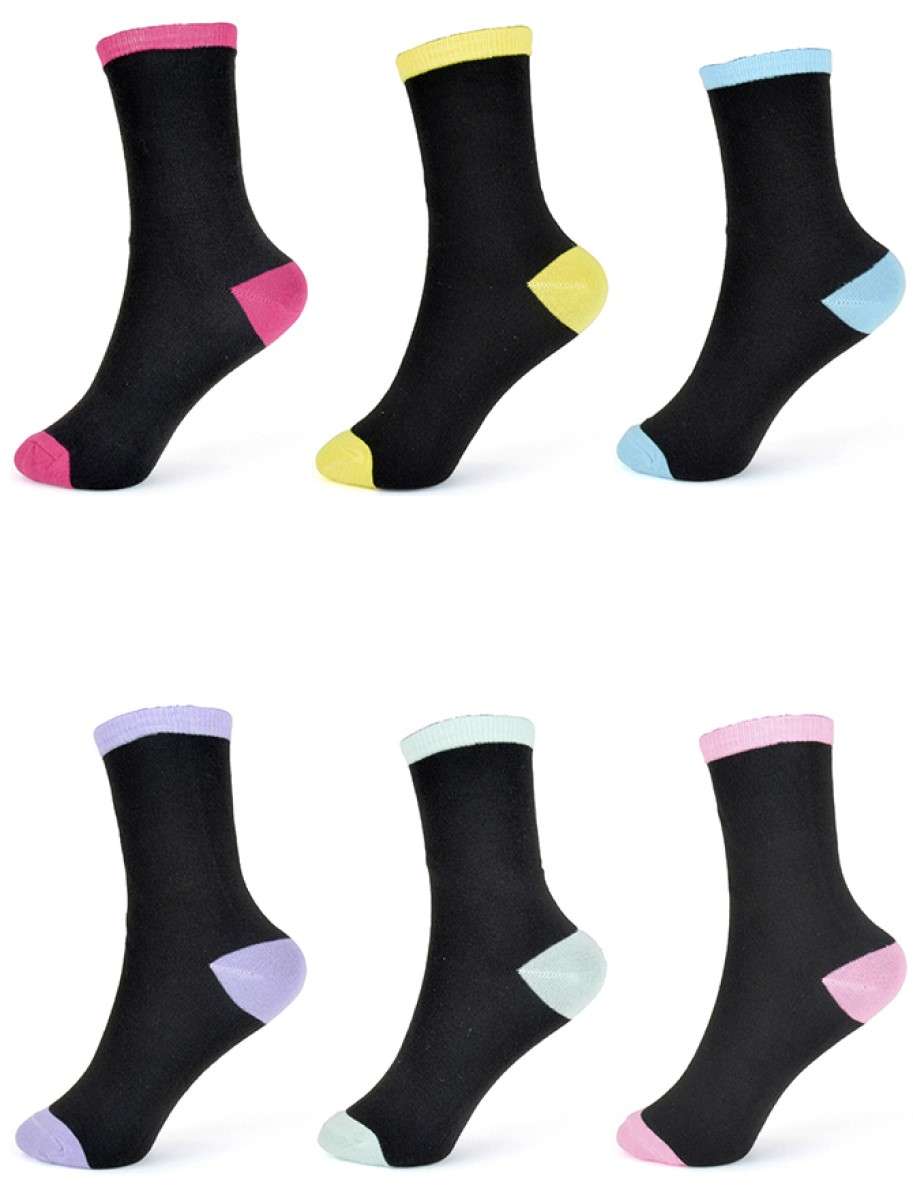 Girls' Black Socks – 6-Pack Value Multipack with Coloured Ribs, Heels, and Toes | Everyday Comfort | 98% Polyester, 2% Elastane