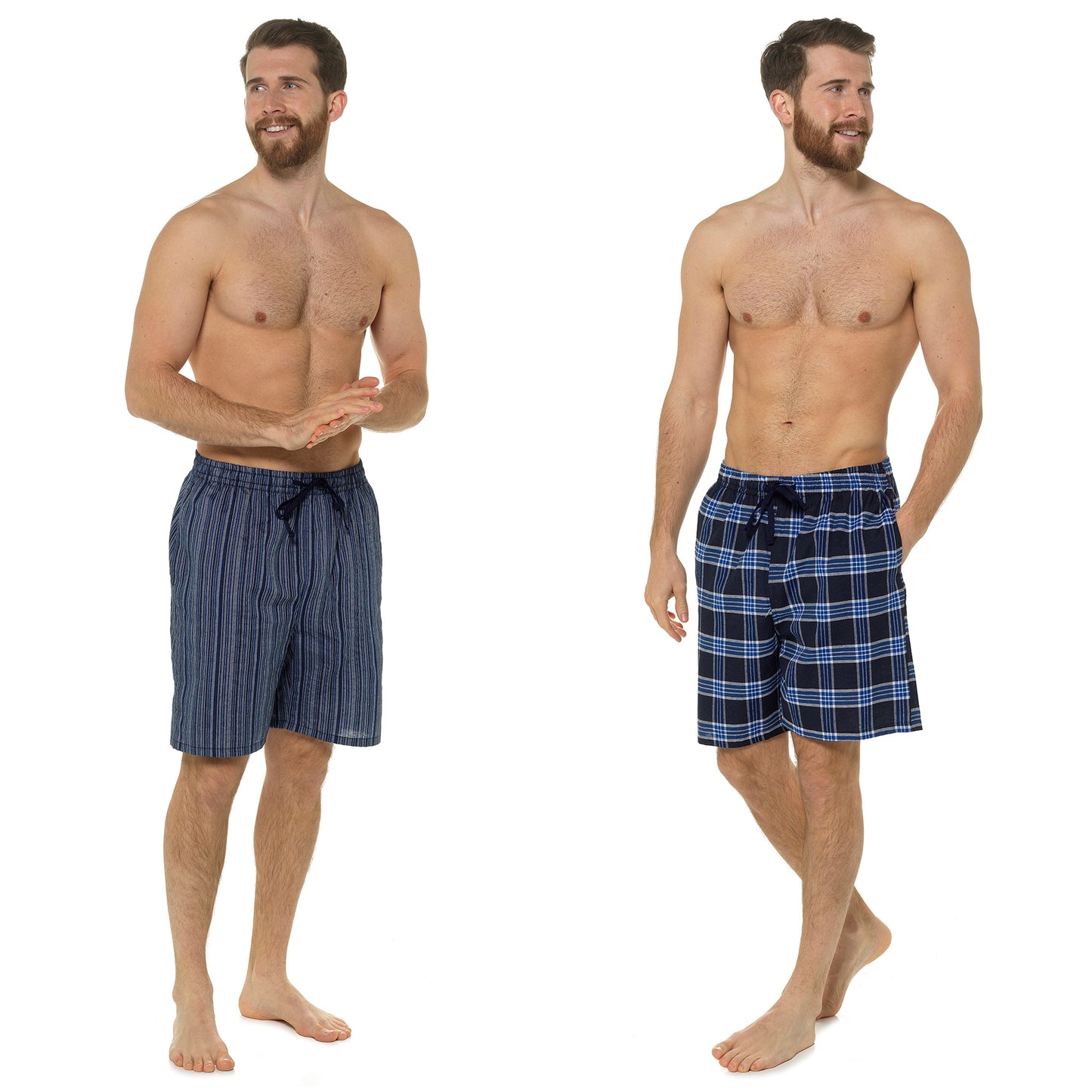 2 Pack Cotton Blend Pyjama Bottoms Lounge Shorts  - Check and Stripe Pattern