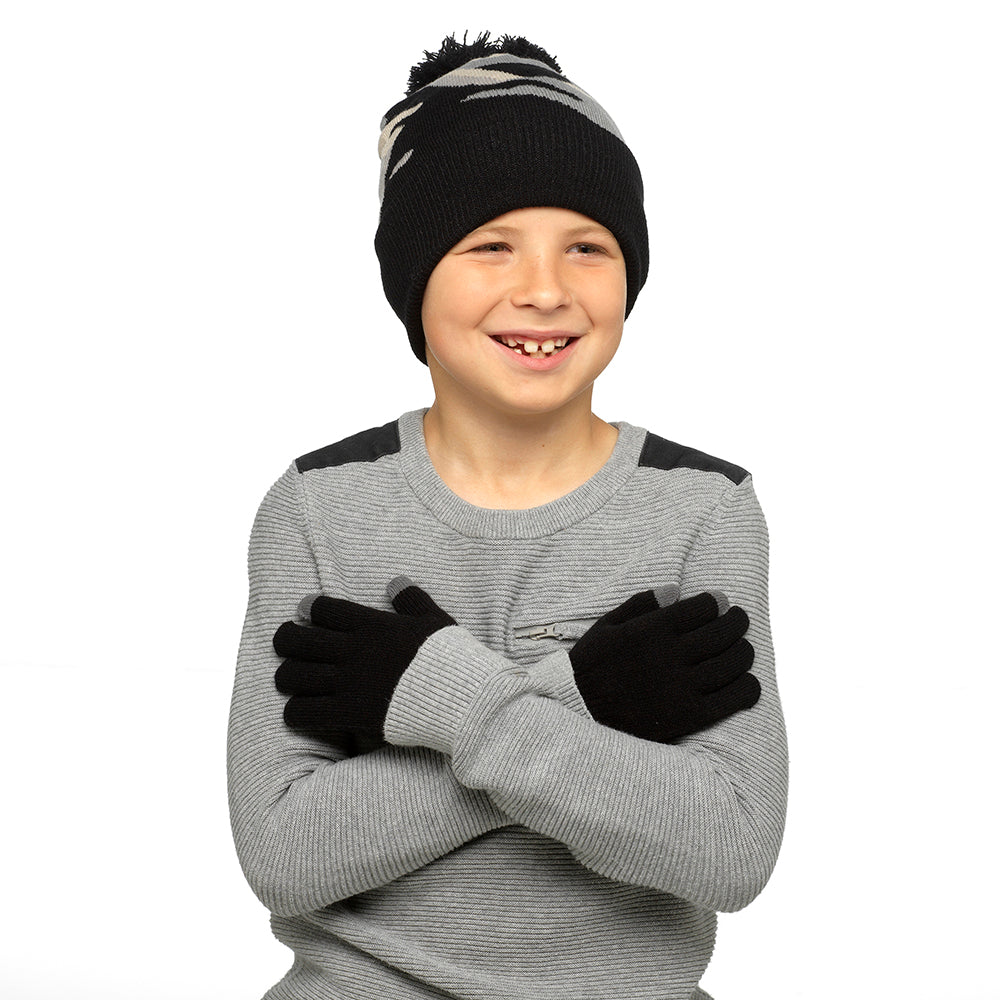 Boys Camo Bobble Hat & Touchscreen Gloves Winter Knit Set 6–12 Years