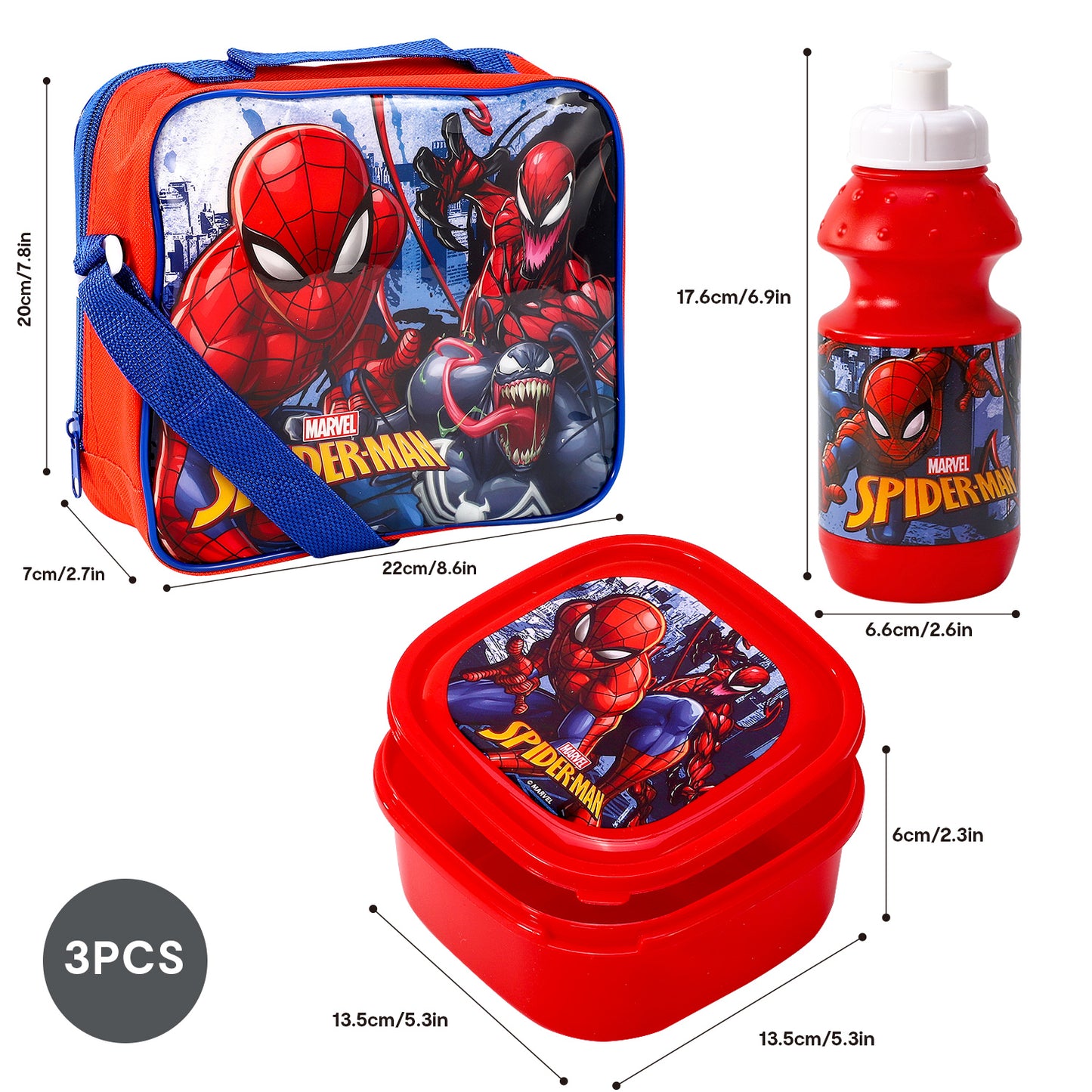 Spider-Man 3Pc Lunch Set, Lunch Bag, Plastic Bottle, Storage Container School Day