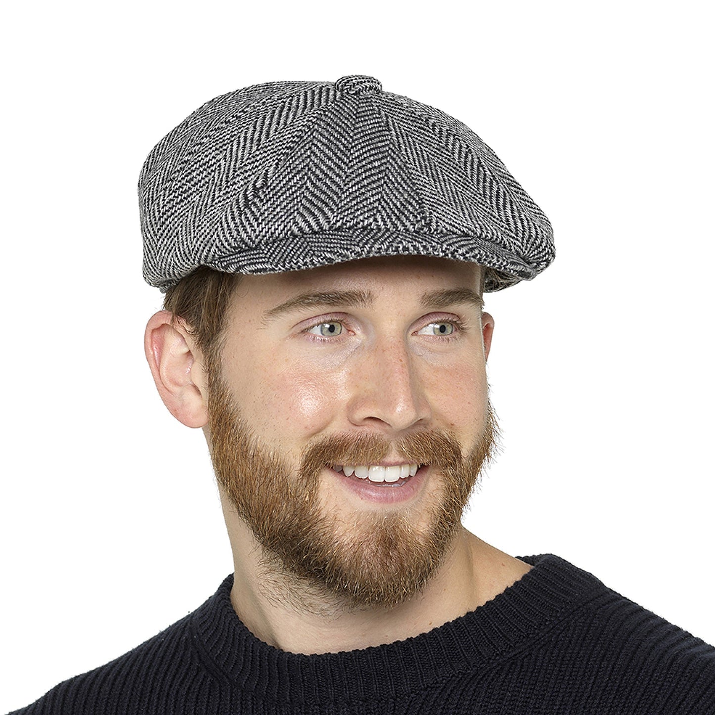 Mens Baker Boy Thermal Hat 8 Panel Thinsulate Lined Grey Herringbone Wool Blend Cap