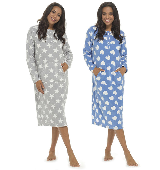 Ladies Fleece Nightie Longer Length Warm Nightdress Lounger with Kangaroo Pocket