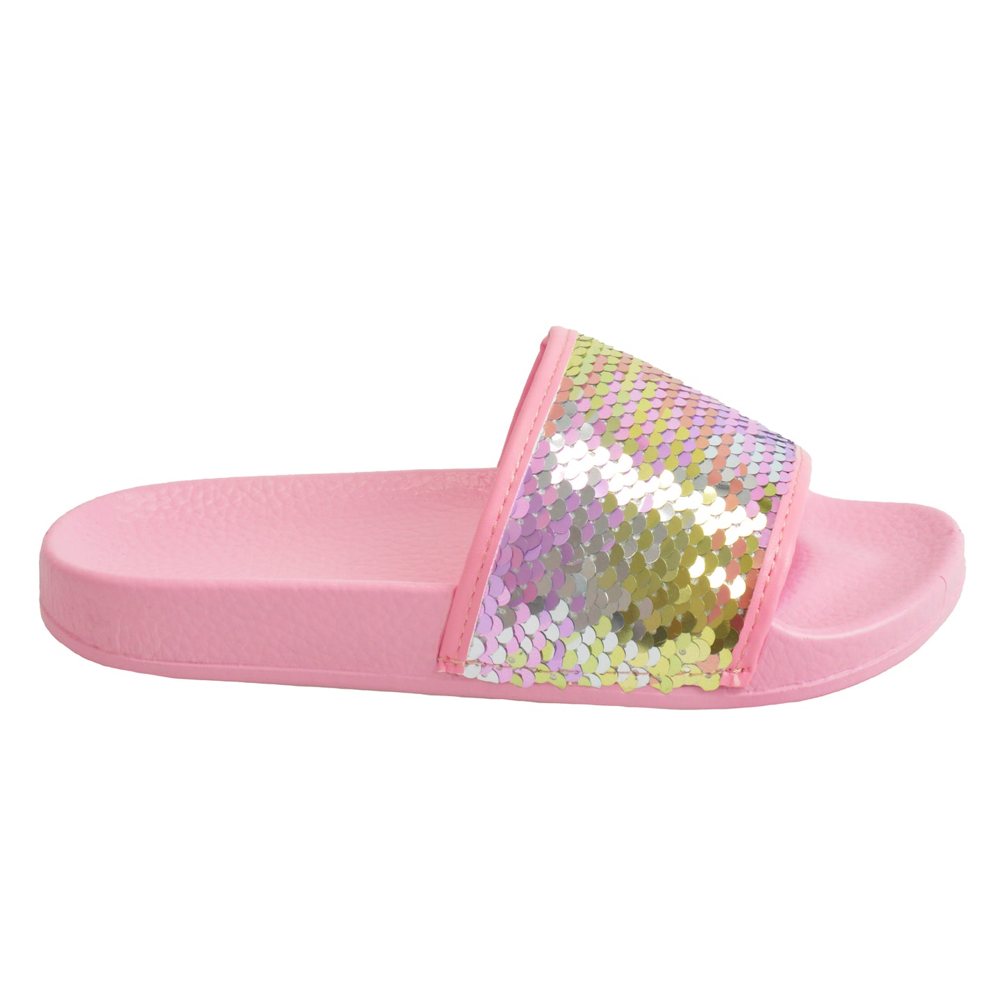 Girls Silver and Rainbow Sequin Pool Slider Beach Sandals