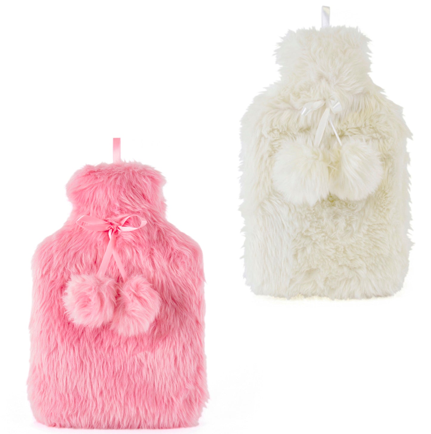 Thingimijigs Plush Hot Water Bottle with Pom Pom Detail, 2 Lt Cream or Pink