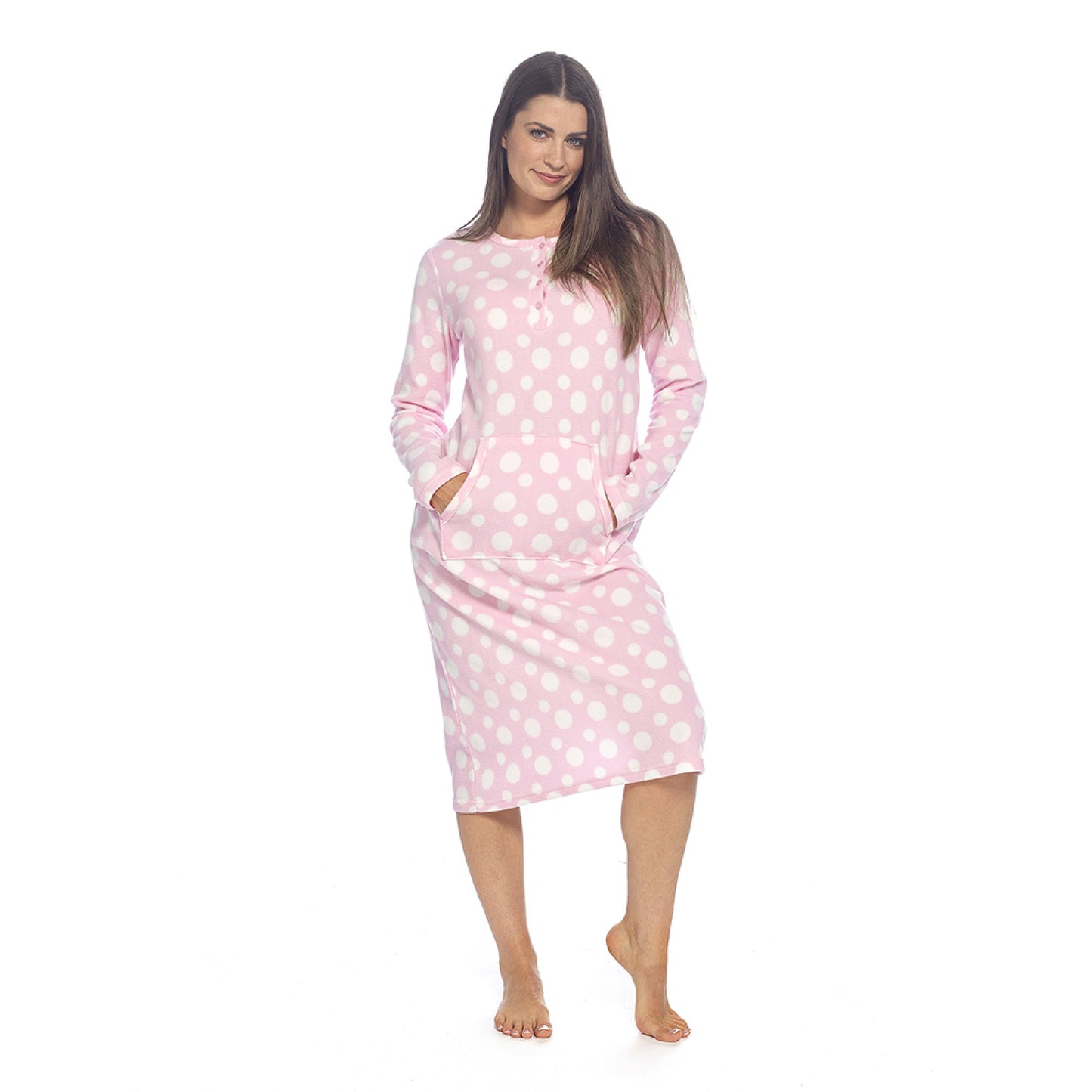 Ladies Fleece Nightie Longer Length Warm Nightdress Lounger with Kangaroo Pocket