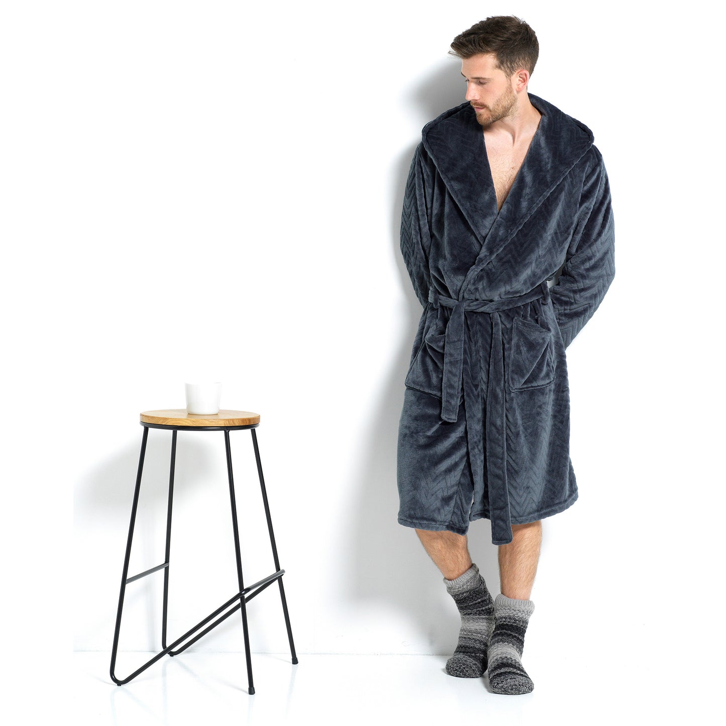 Men’s Fleece Hooded Robe Charcoal Grey Chevron Embossed Warm Winter Flannel Fleece Dressing Gown
