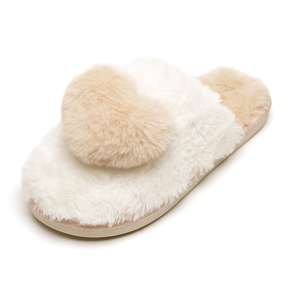 Women’s Faux Fur Heart Mule Slippers Fleece Lined Non Slip Sole Cosy Gift