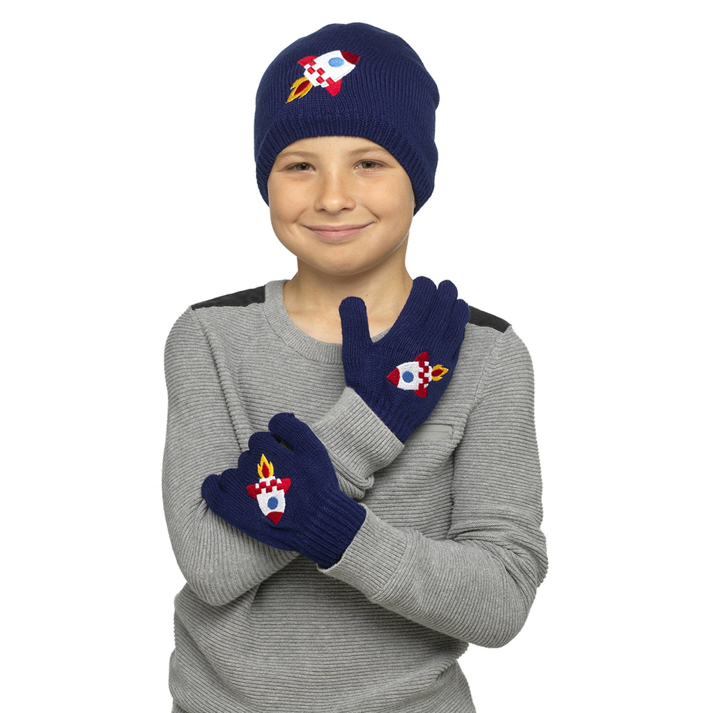 Boys Hat & Gloves Set Rocket Design Blue Knitted Fleece-Lined Hat Thermal Gloves