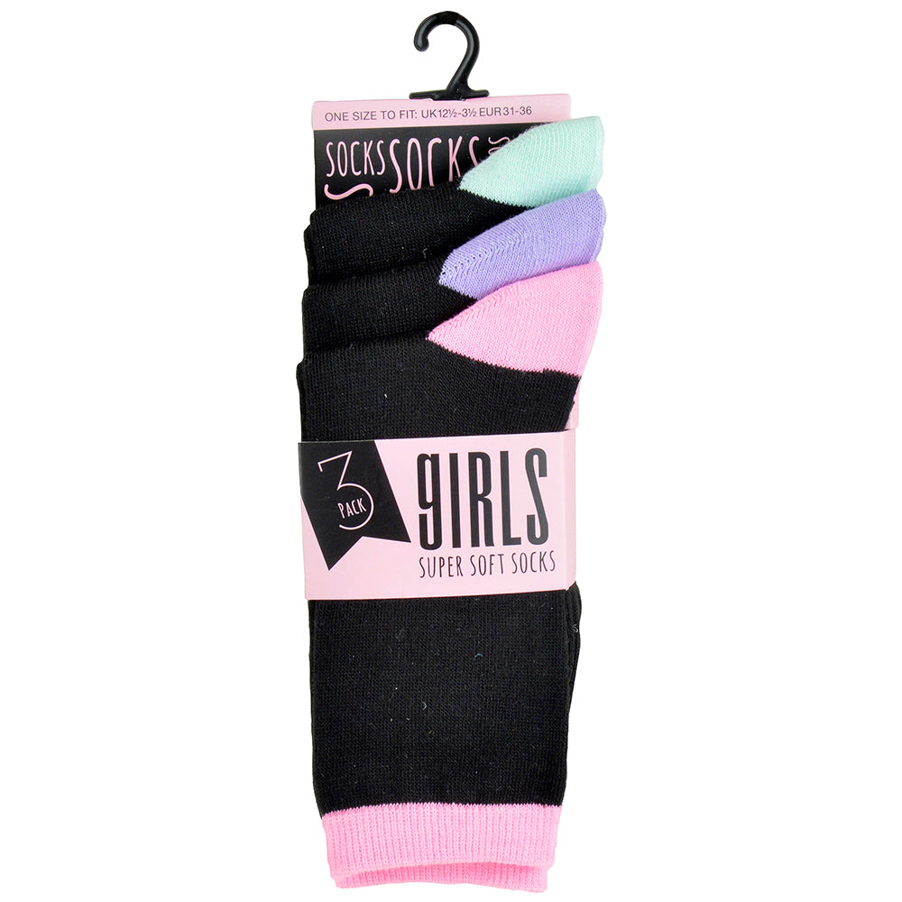 Girls' Black Socks – 6-Pack Value Multipack with Coloured Ribs, Heels, and Toes | Everyday Comfort | 98% Polyester, 2% Elastane