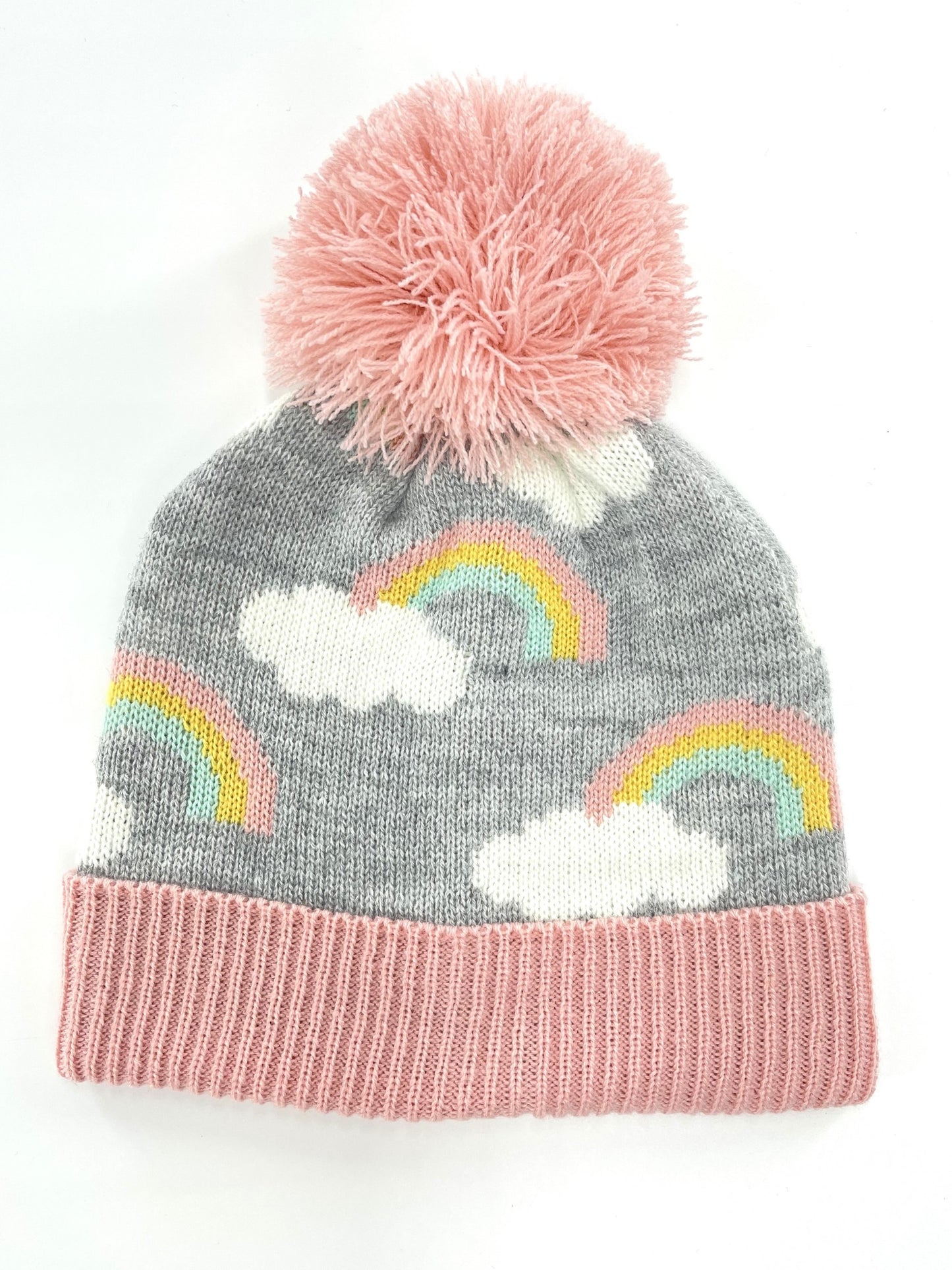 Girls Rainbow Design Bobble Hat Soft Knitted Winter Beanie with Pink Pom-Pom