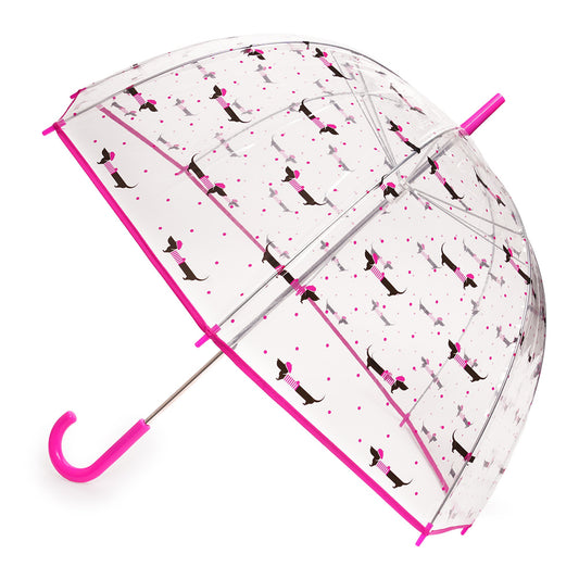 Ladies Transparent Dome Umbrella - Pink and Black Dachschund Sausage Dog Design