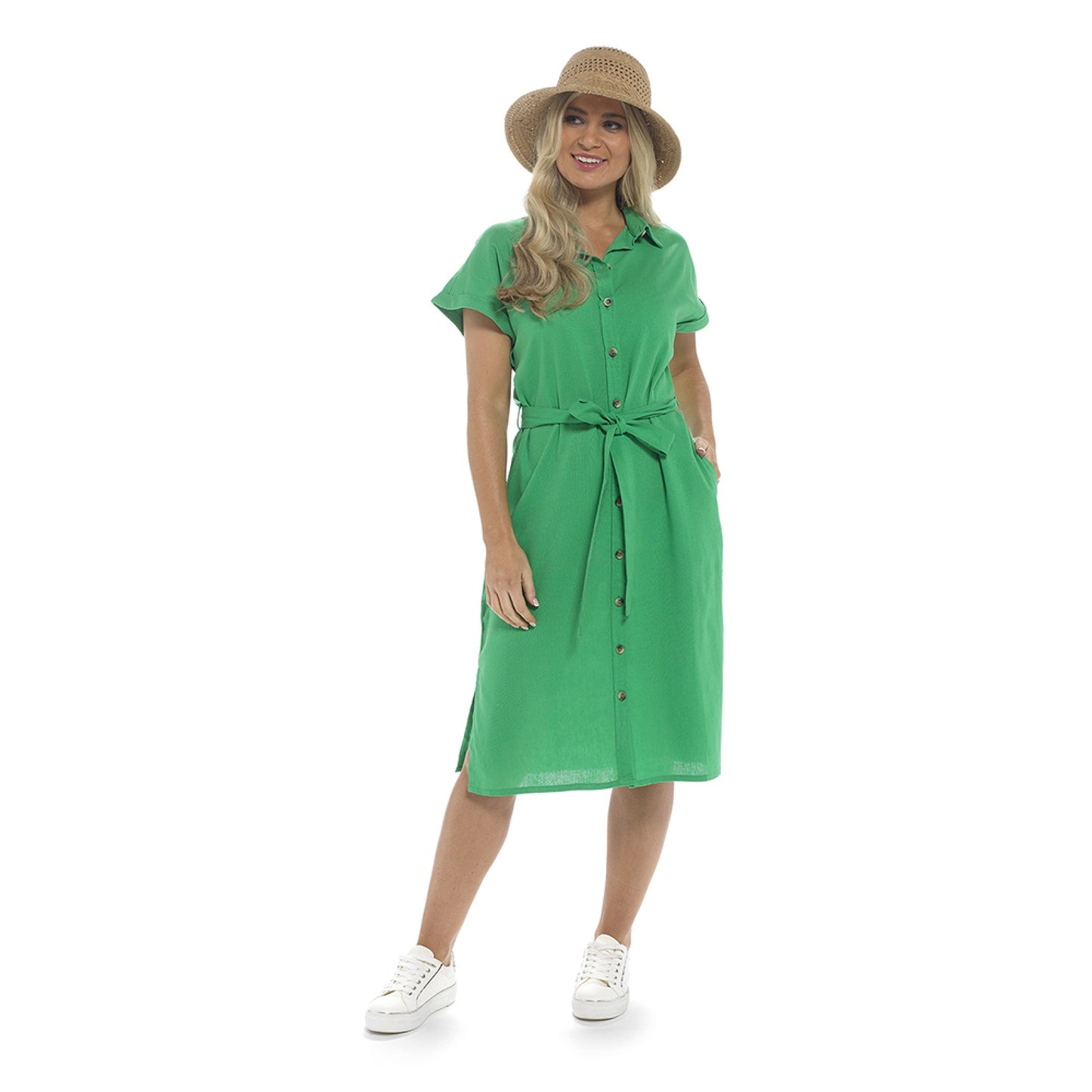 Ladies Linen Midi Dress Women's Button-Through Short-Sleeved Casual Summer Frock